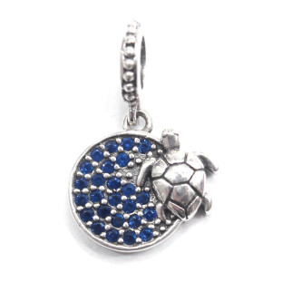 Berloque Charm Pingente Tartaruga com Medalha Azul Prata 925