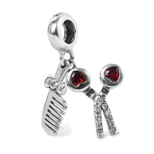 Berloque Charm Pingente Pente e Tesoura - Cabeleireiro Prata 925